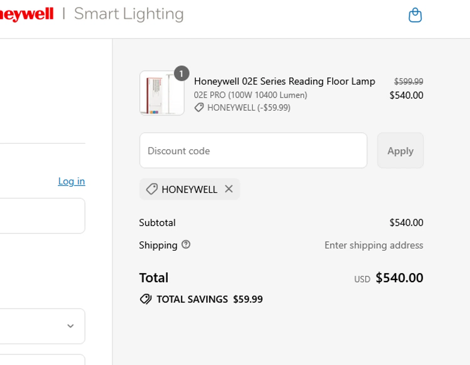 Honeywell Smart Lighting promo code screenshot showing code honeywell applied at Honeywell Smart Lighting checkout page. Uploaded by SimplyCodes community member pkwhite on Aug 6, 2025