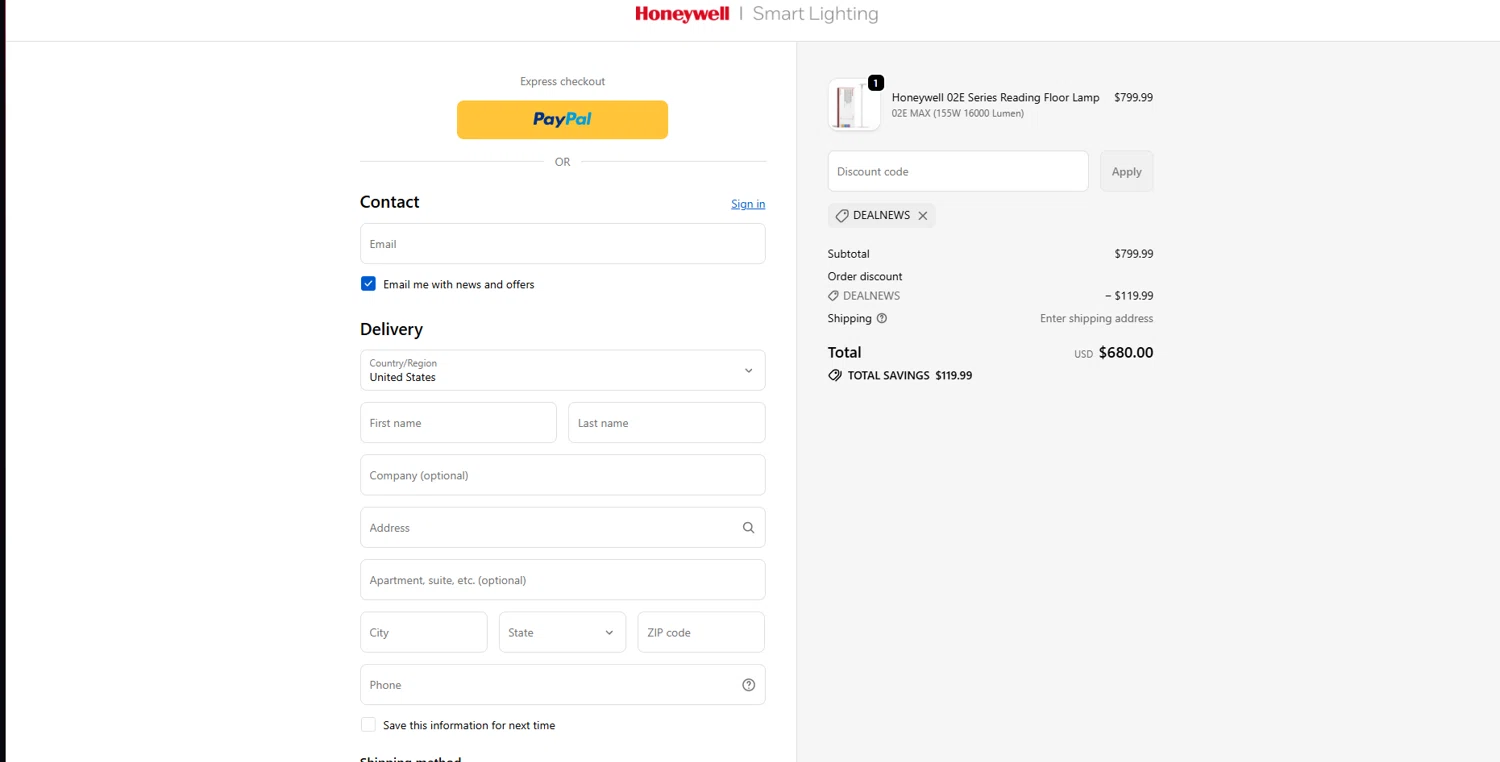 Honeywell Smart Lighting promo code screenshot showing code dealnews applied at Honeywell Smart Lighting checkout page. Uploaded by SimplyCodes community member MightyTitan865 on Oct 15, 2025