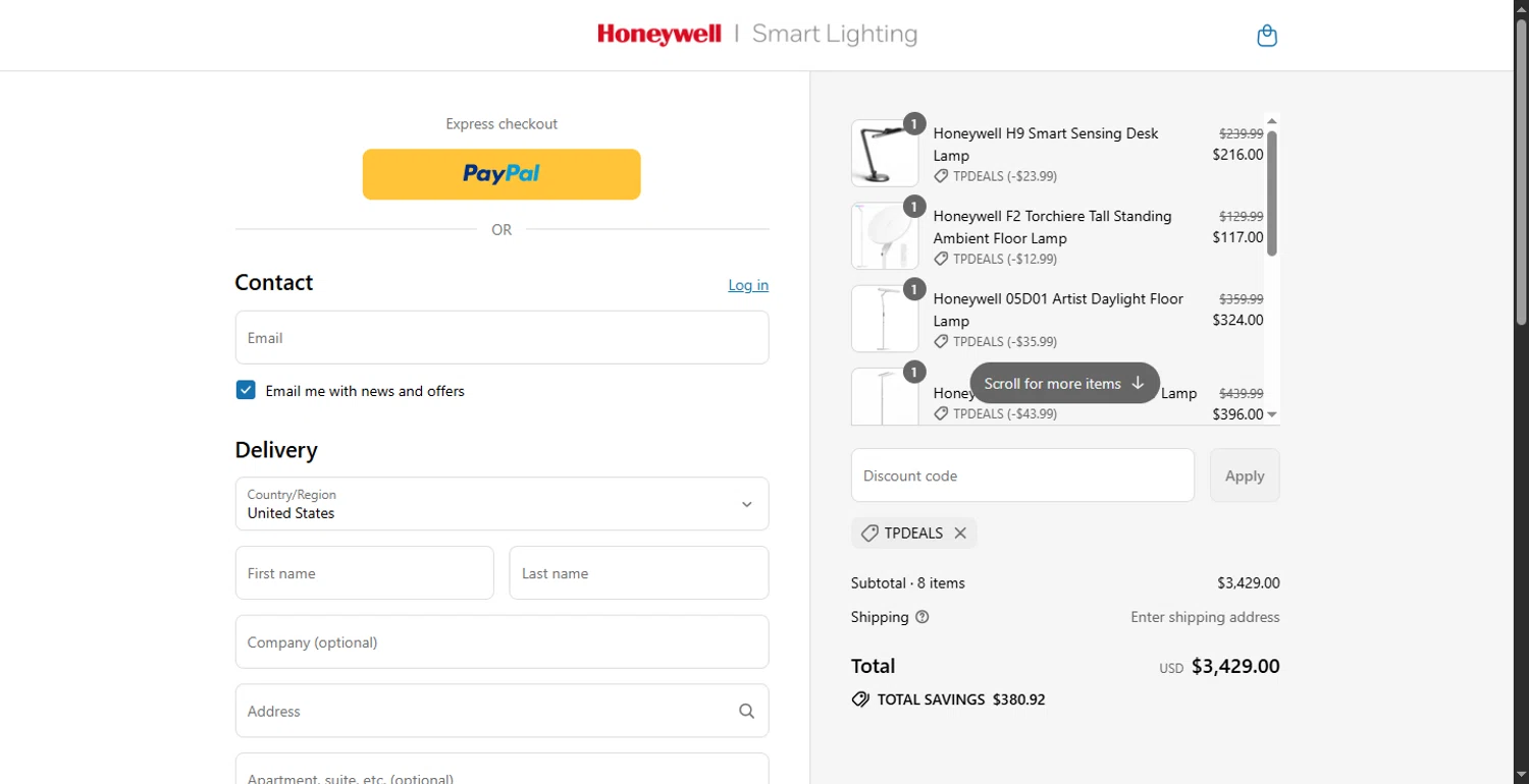Honeywell Smart Lighting promo code screenshot showing code TPDEALS applied at Honeywell Smart Lighting checkout page. Uploaded by SimplyCodes community member DiscountPhoenix427 on Aug 6, 2025
