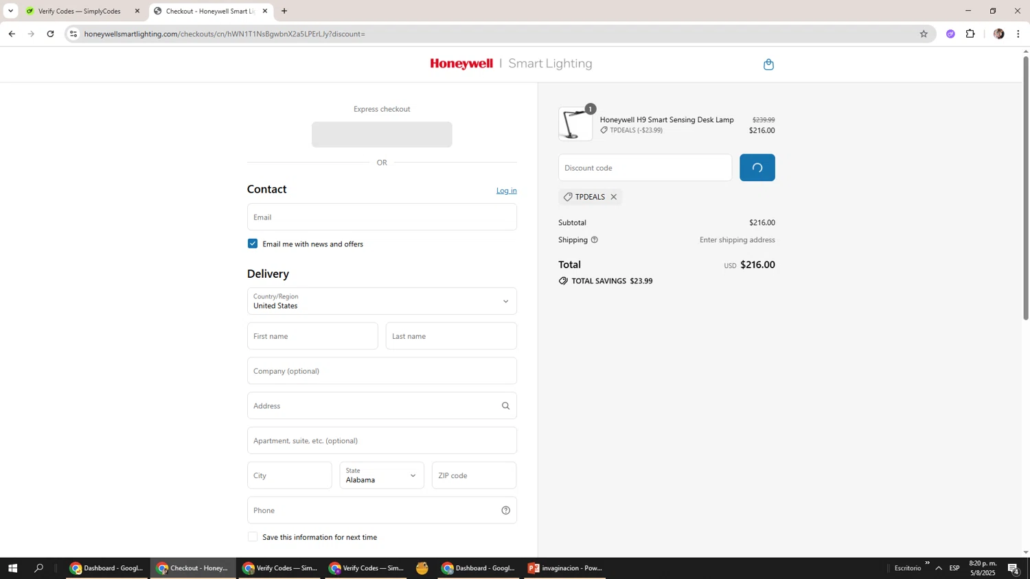 Honeywell Smart Lighting promo code screenshot showing code TPDEALS applied at Honeywell Smart Lighting checkout page. Uploaded by SimplyCodes community member Levi_Ackerman on Aug 6, 2025