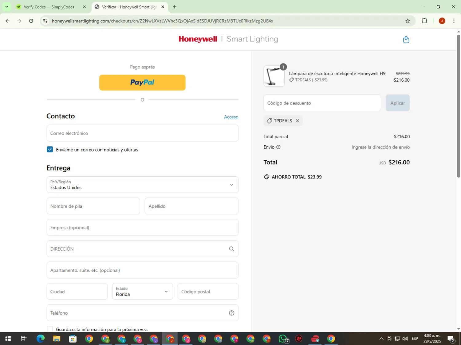 Honeywell Smart Lighting promo code screenshot showing code TPDEALS applied at Honeywell Smart Lighting checkout page. Uploaded by SimplyCodes community member KimDokja on May 29, 2025