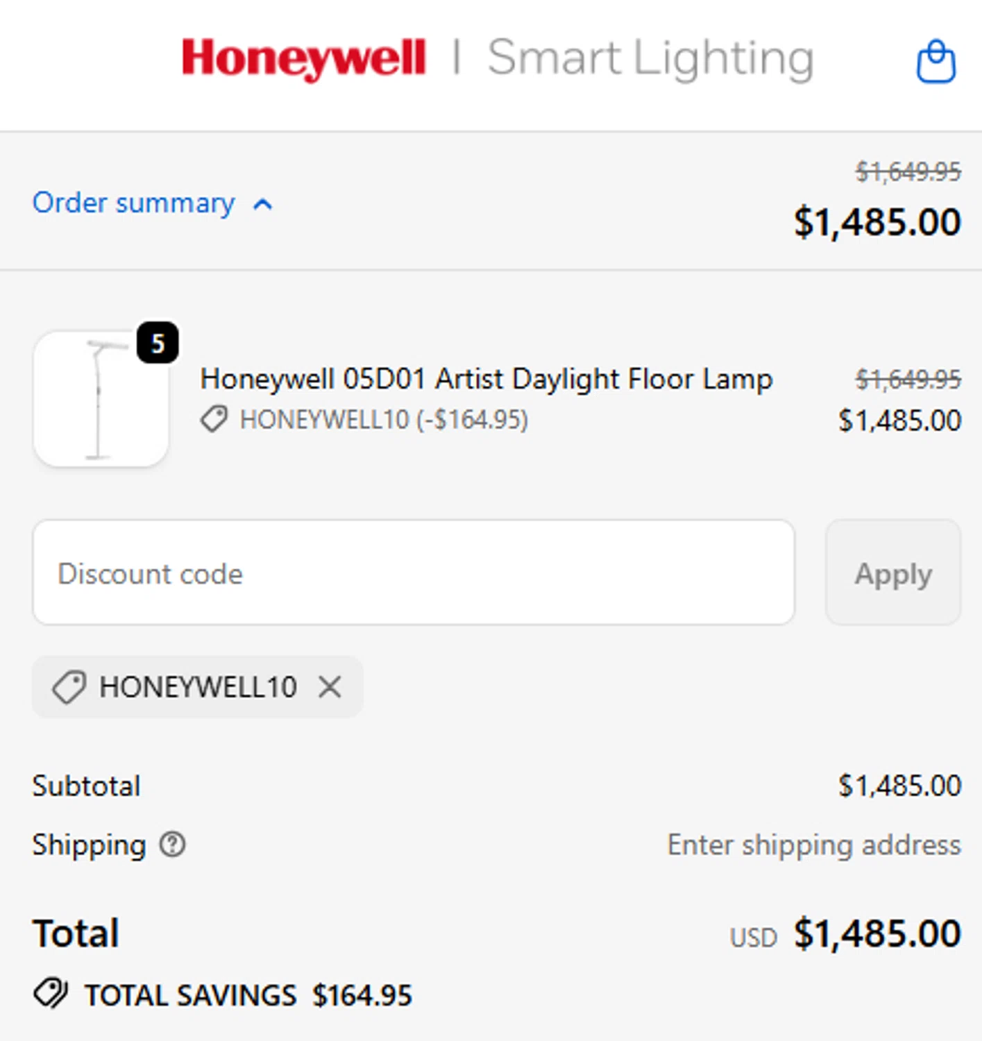 Honeywell Smart Lighting promo code screenshot showing code honeywell10 applied at Honeywell Smart Lighting checkout page. Uploaded by SimplyCodes community member EugeniaRoMa on Nov 20, 2025
