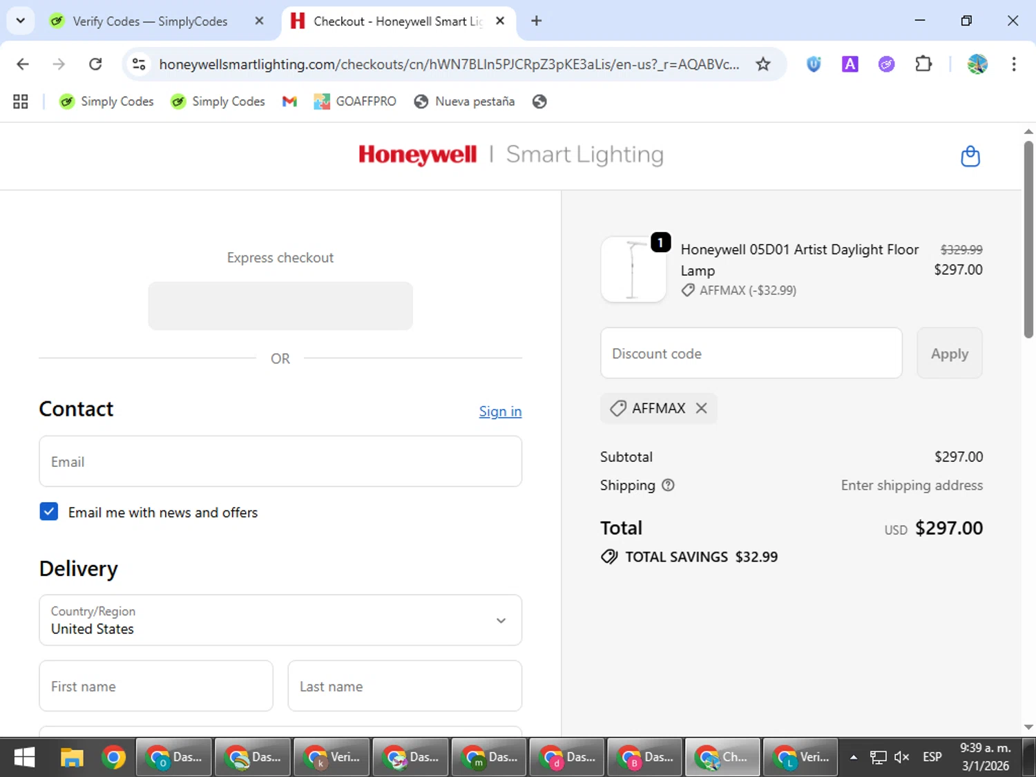 Honeywell Smart Lighting checkout page showing Honeywell Smart Lighting promo code box | Screenshot taken by SimplyCodes community member on Jan 3, 2026