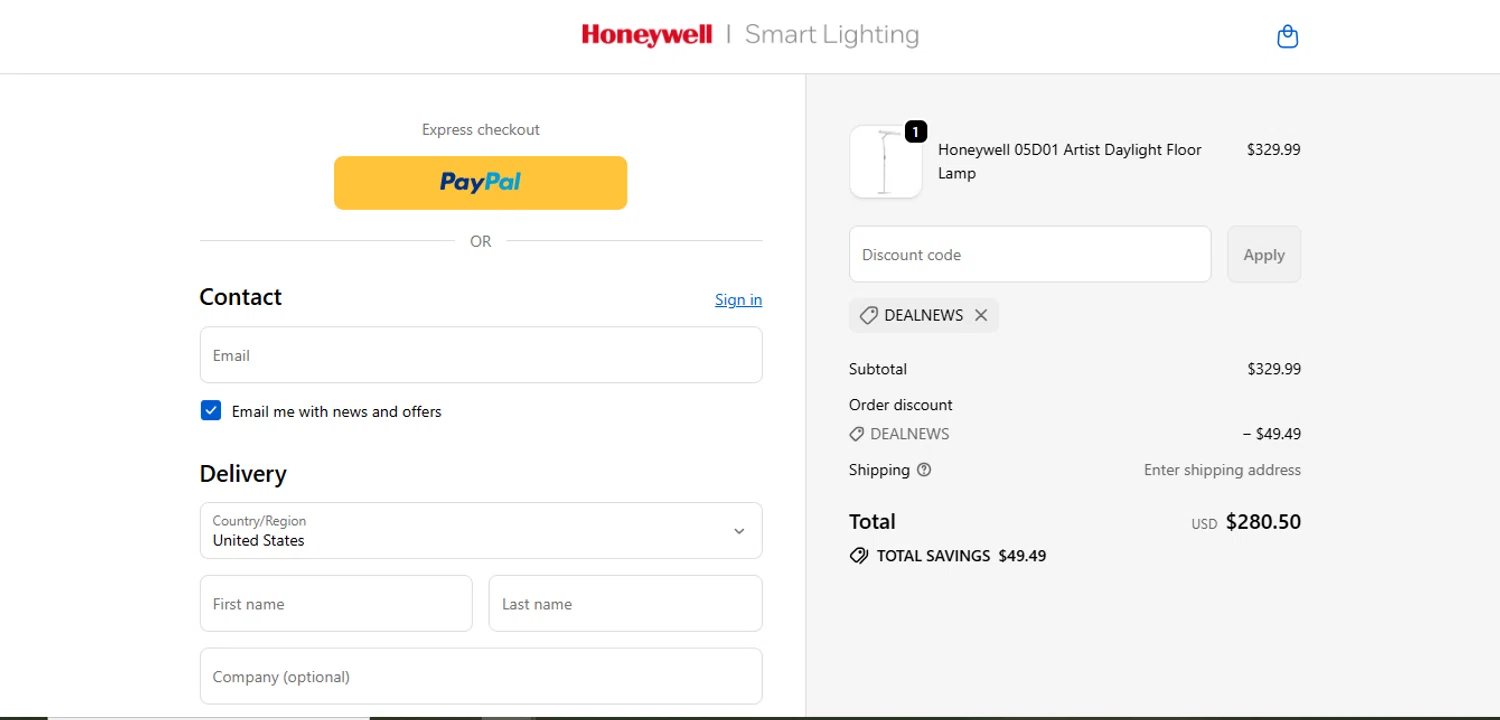 Honeywell Smart Lighting promo code screenshot showing code DEALNEWS applied at Honeywell Smart Lighting checkout page. Uploaded by SimplyCodes community member juanisaac on Sep 21, 2025
