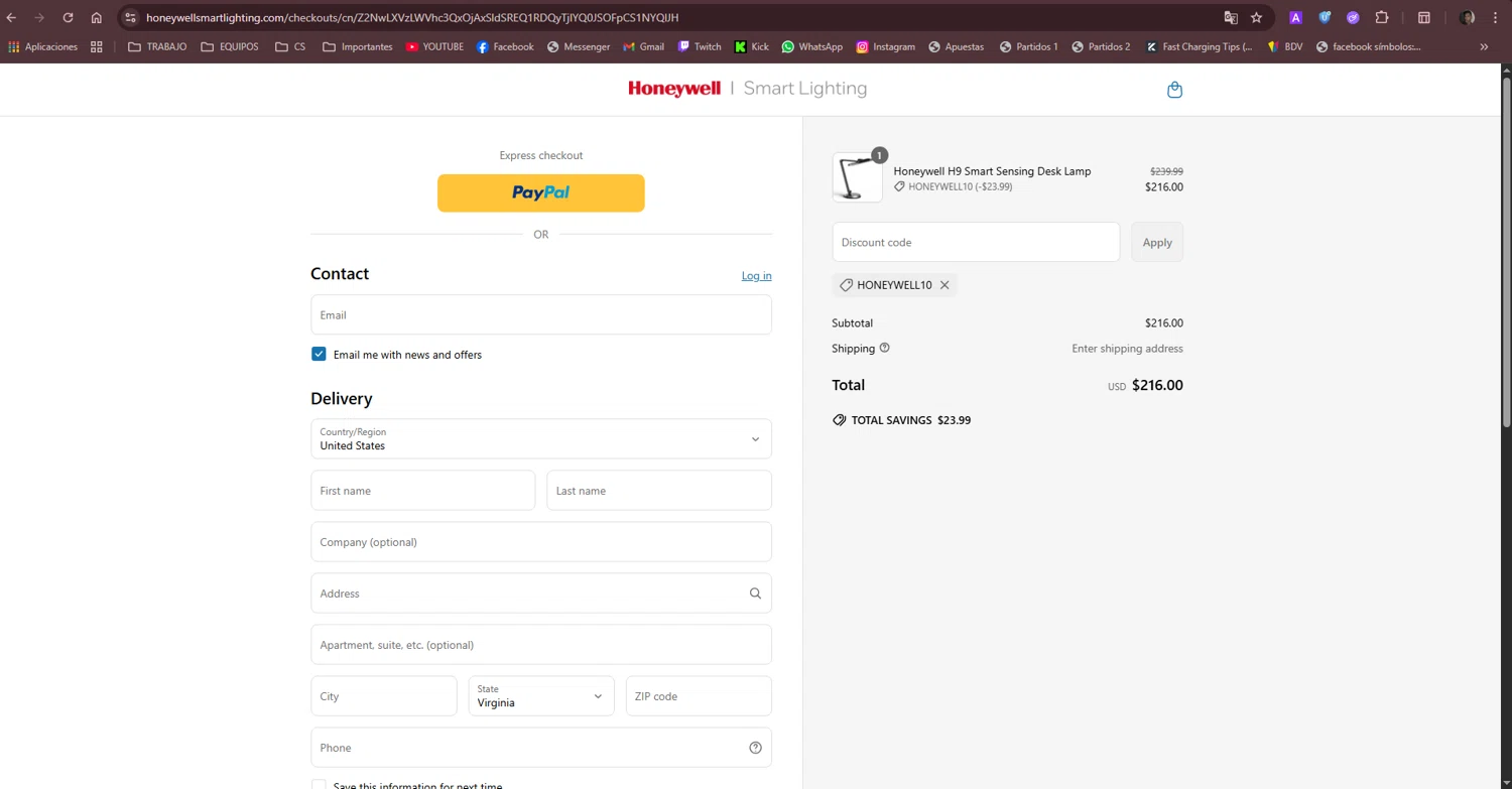 Honeywell Smart Lighting promo code screenshot showing code honeywell10 applied at Honeywell Smart Lighting checkout page. Uploaded by SimplyCodes community member kelvinsuarez88 on Jun 2, 2025