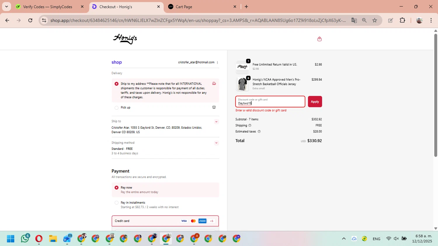 Honig's discount code screenshot showing code Daytwo15 applied at Honig's checkout page. Uploaded by SimplyCodes community member MariAPB on Dec 12, 2025