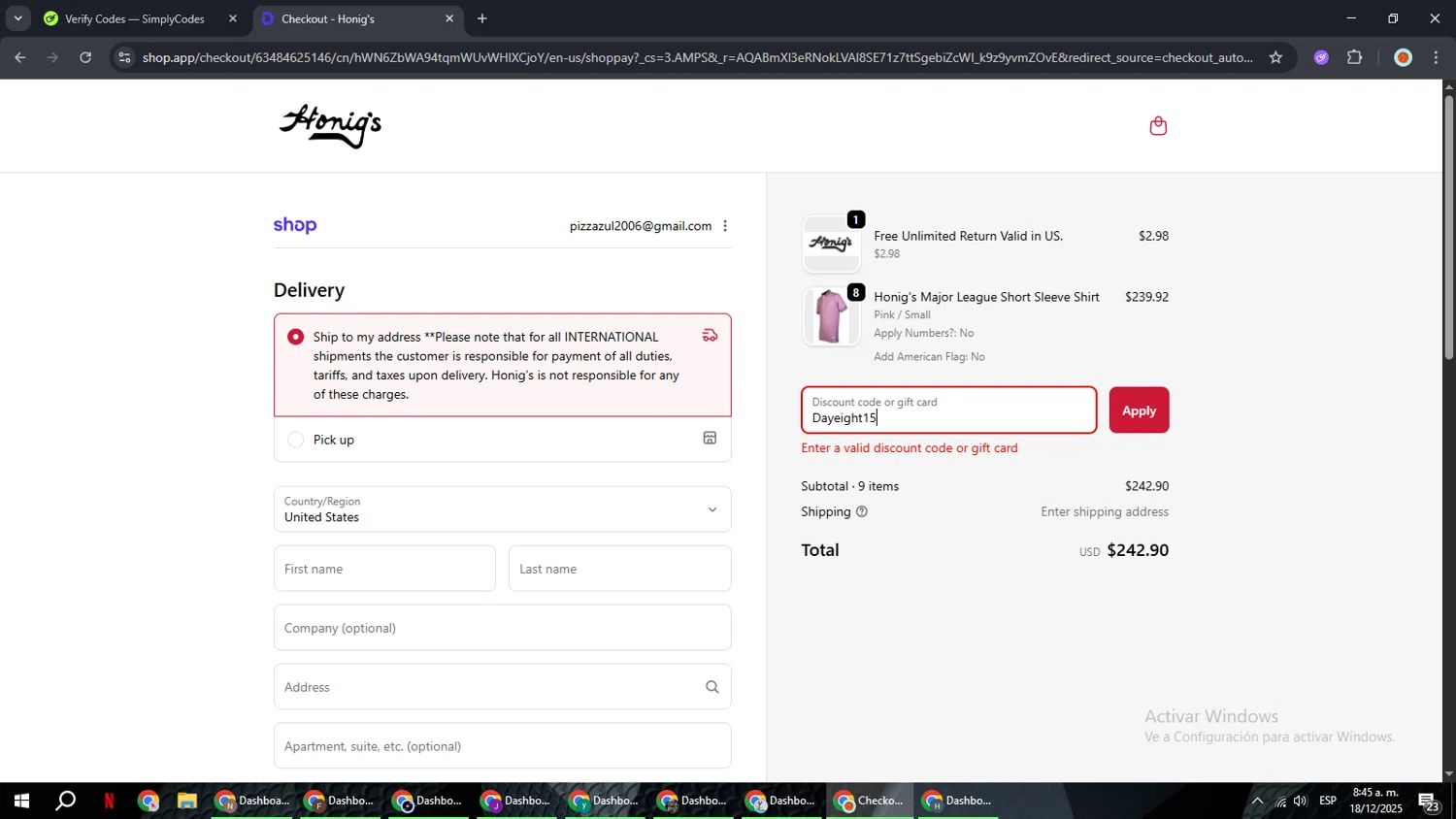 Honig's discount code screenshot showing code Dayeight15 applied at Honig's checkout page. Uploaded by SimplyCodes community member BonusCaptain9927 on Dec 18, 2025
