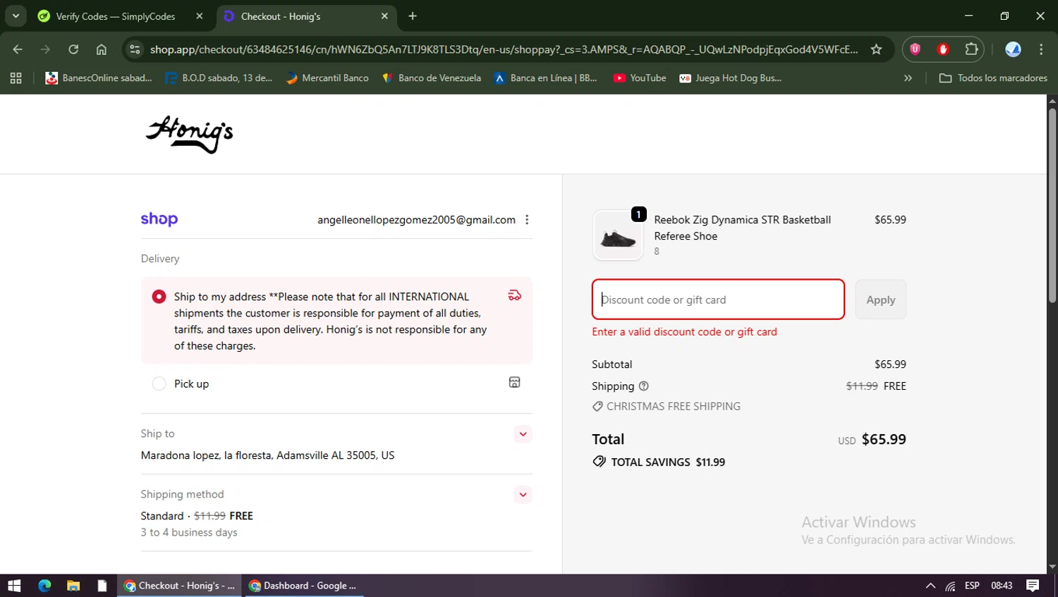 Honig's discount code screenshot showing code Dayeight15 applied at Honig's checkout page. Uploaded by SimplyCodes community member TreasureShopper9156 on Dec 18, 2025