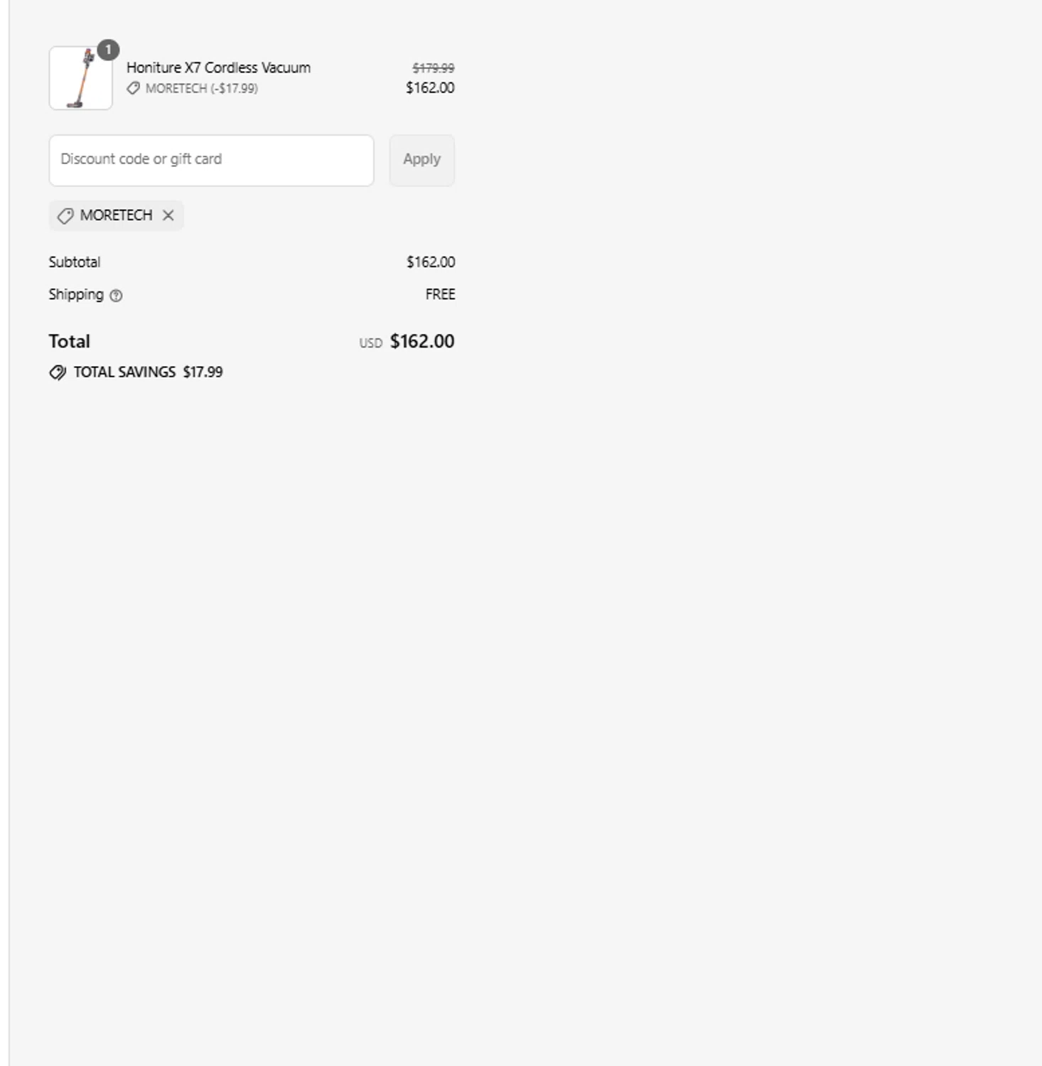 Honiture promo code screenshot showing code MORETECH applied at Honiture checkout page. Uploaded by SimplyCodes community member BrilliantRanger2465 on Aug 9, 2025