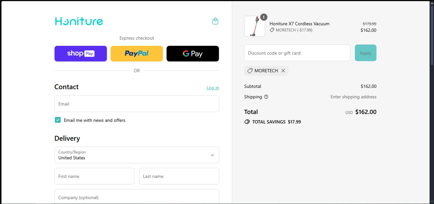 Honiture promo code screenshot showing code MORETECH applied at Honiture checkout page. Uploaded by SimplyCodes community member hazken on Aug 9, 2025