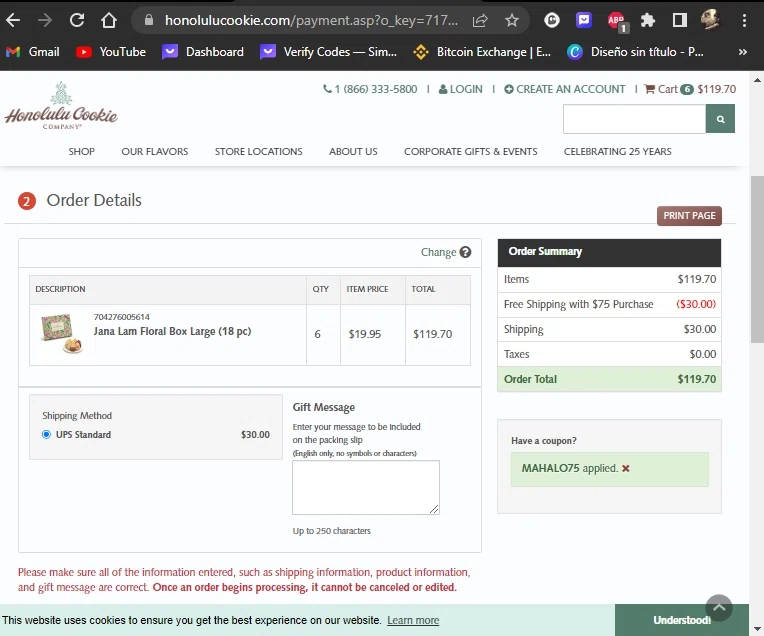 where to use Honolulu Cookie promo code box