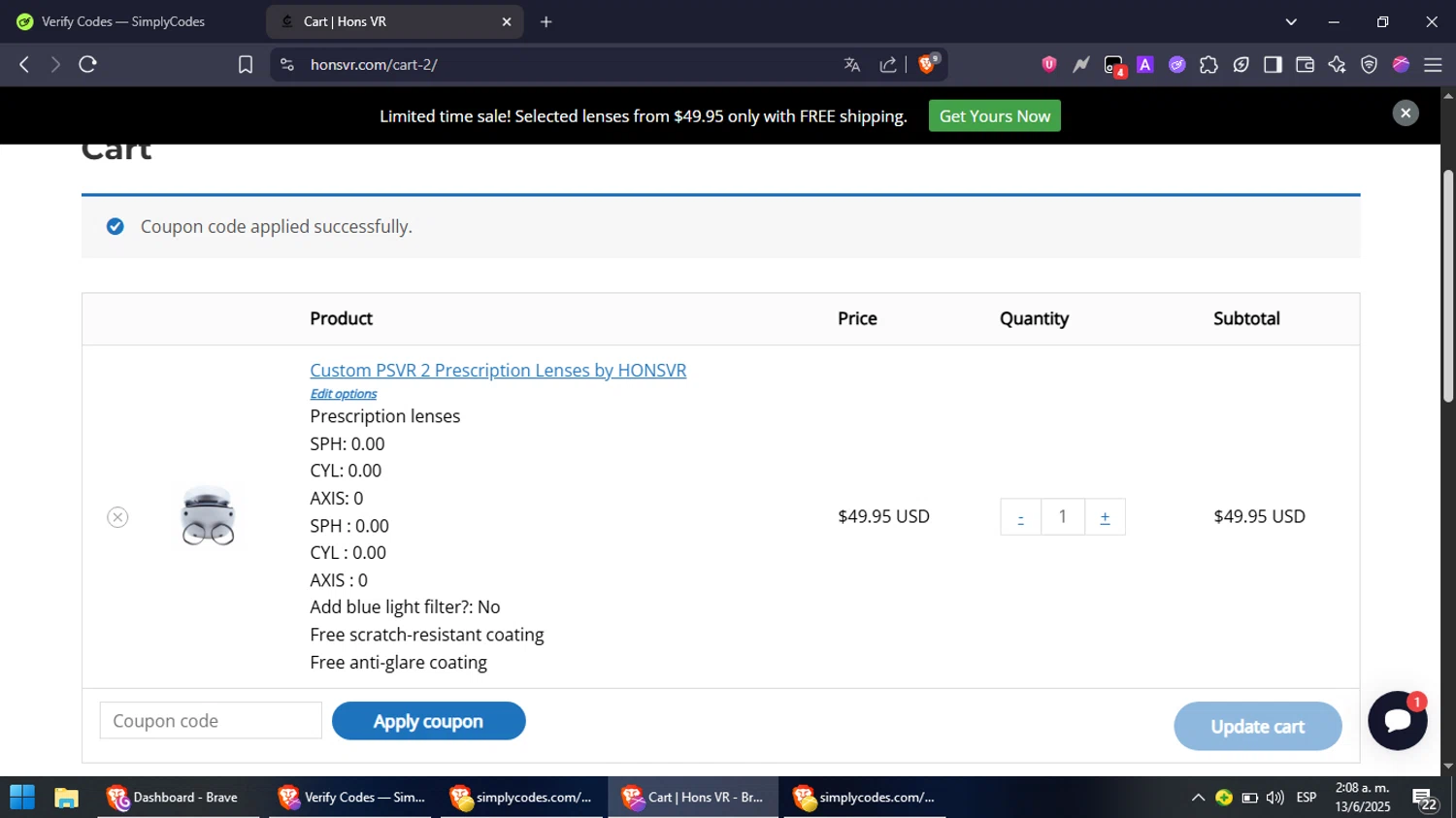 Hons VR coupon code screenshot showing code hons5 applied at Hons VR checkout page. Uploaded by SimplyCodes community member NobleFox488 on Jun 13, 2025