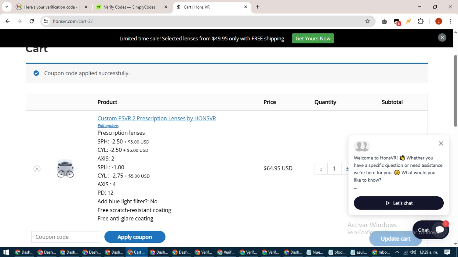 Hons VR coupon code screenshot showing code hons5 applied at Hons VR checkout page. Uploaded by SimplyCodes community member BonusHero9692 on May 9, 2025