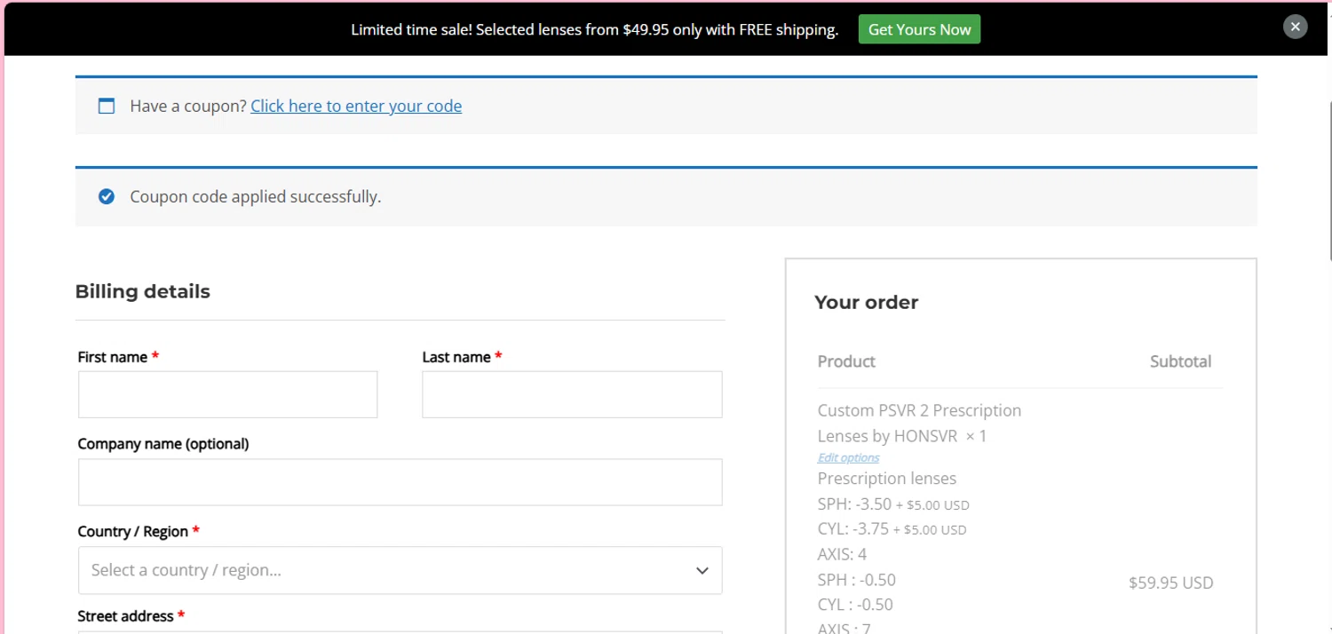 Hons VR coupon code screenshot showing code hons5 applied at Hons VR checkout page. Uploaded by SimplyCodes community member negrita on May 16, 2025