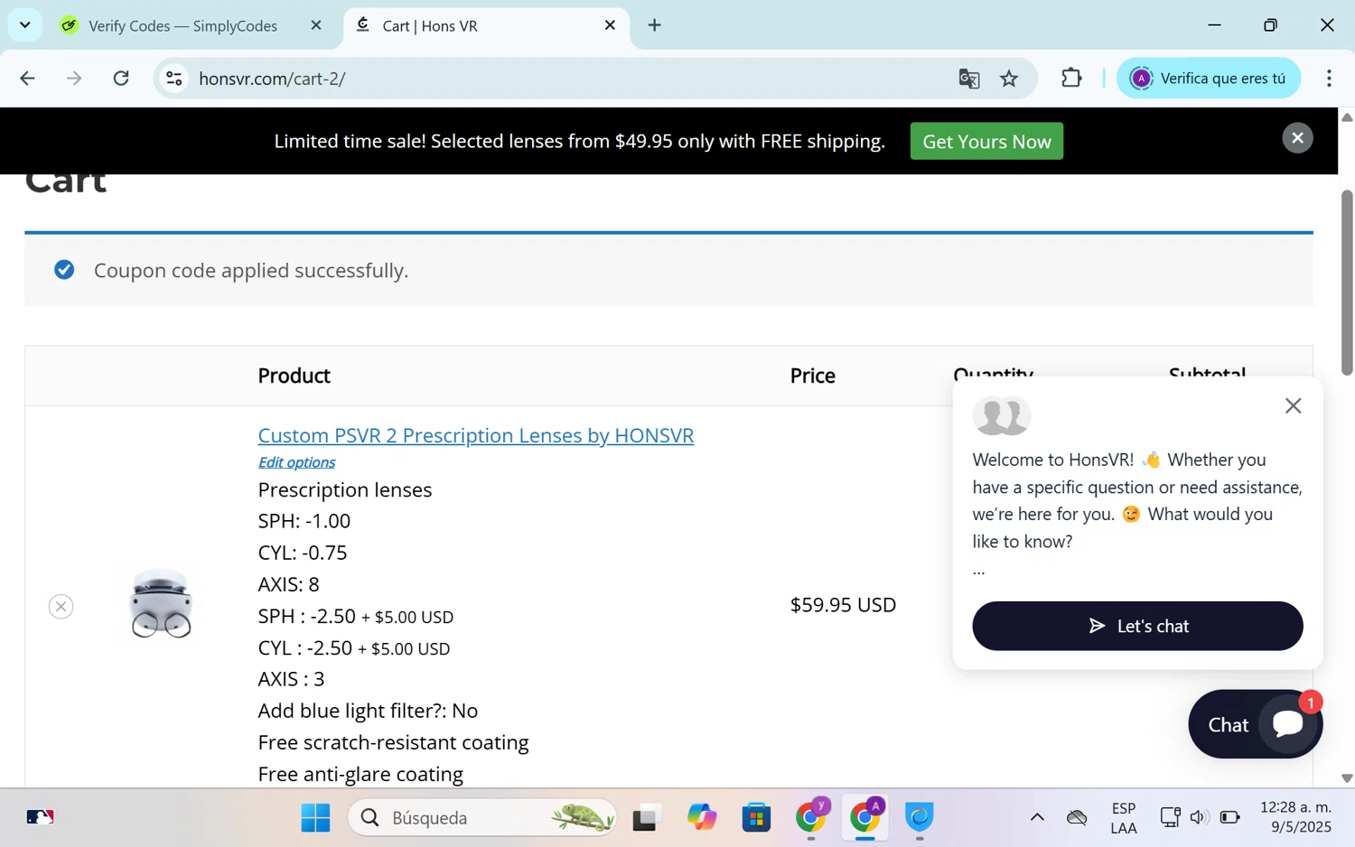 Hons VR coupon code screenshot showing code BrianSloanArtist applied at Hons VR checkout page. Uploaded by SimplyCodes community member SEANJOHN55 on May 9, 2025