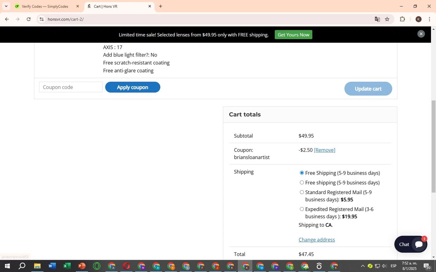 Hons VR coupon code screenshot showing code BrianSloanArtist applied at Hons VR checkout page. Uploaded by SimplyCodes community member ScanVirtuoso3169 on Jan 8, 2025