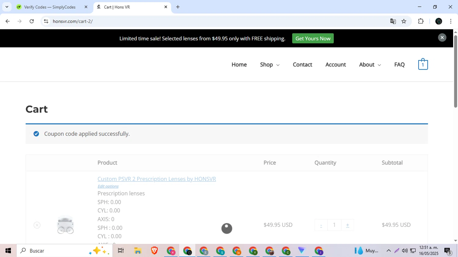 Hons VR coupon code screenshot showing code CrushrReviews applied at Hons VR checkout page. Uploaded by SimplyCodes community member Ingeniero on May 16, 2025