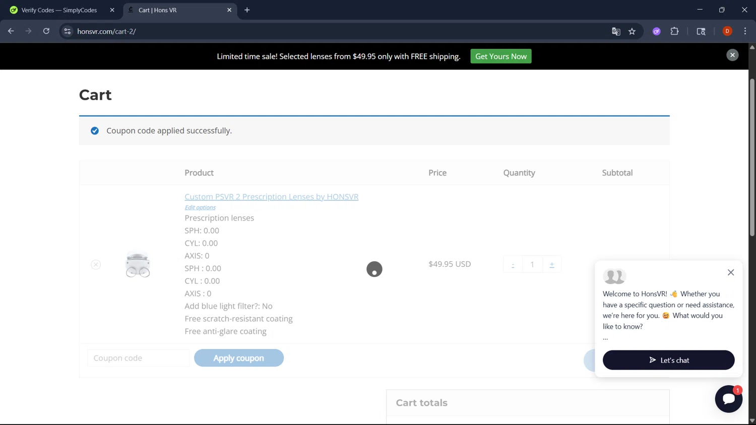 Hons VR coupon code screenshot showing code CrushrReviews applied at Hons VR checkout page. Uploaded by SimplyCodes community member RoyalSaver3150 on Jun 6, 2025