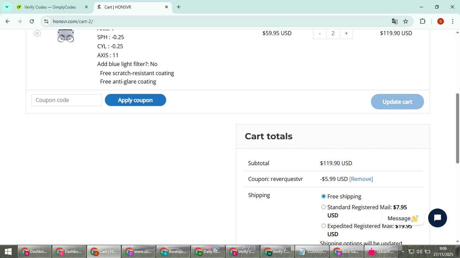 Hons VR coupon code screenshot showing code REVERQUESTVR applied at Hons VR checkout page. Uploaded by SimplyCodes community member CleverTiger4265 on Nov 27, 2025