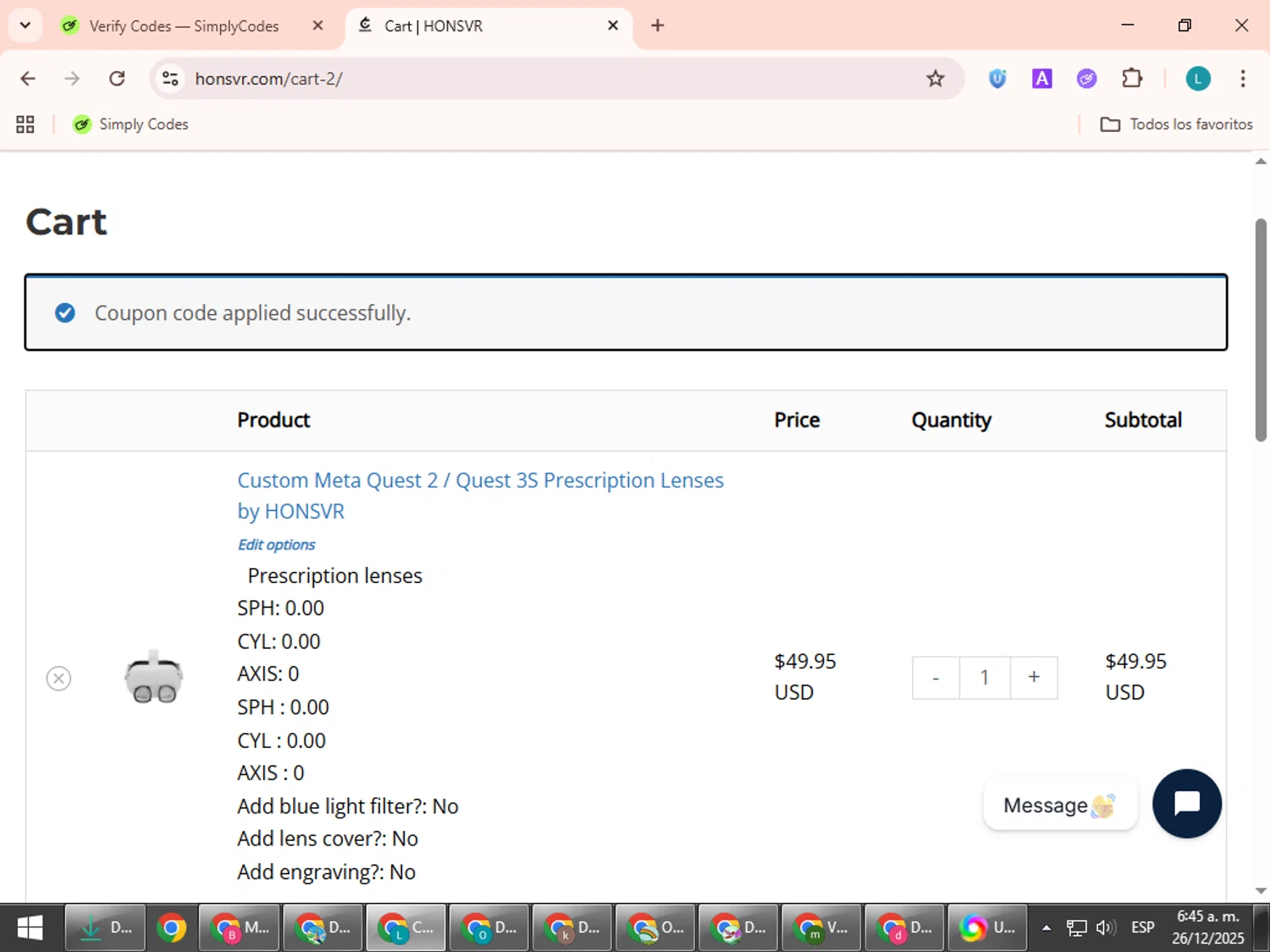 Hons VR coupon code screenshot showing code REVERQUESTVR applied at Hons VR checkout page. Uploaded by SimplyCodes community member LuckyLegend792 on Dec 26, 2025