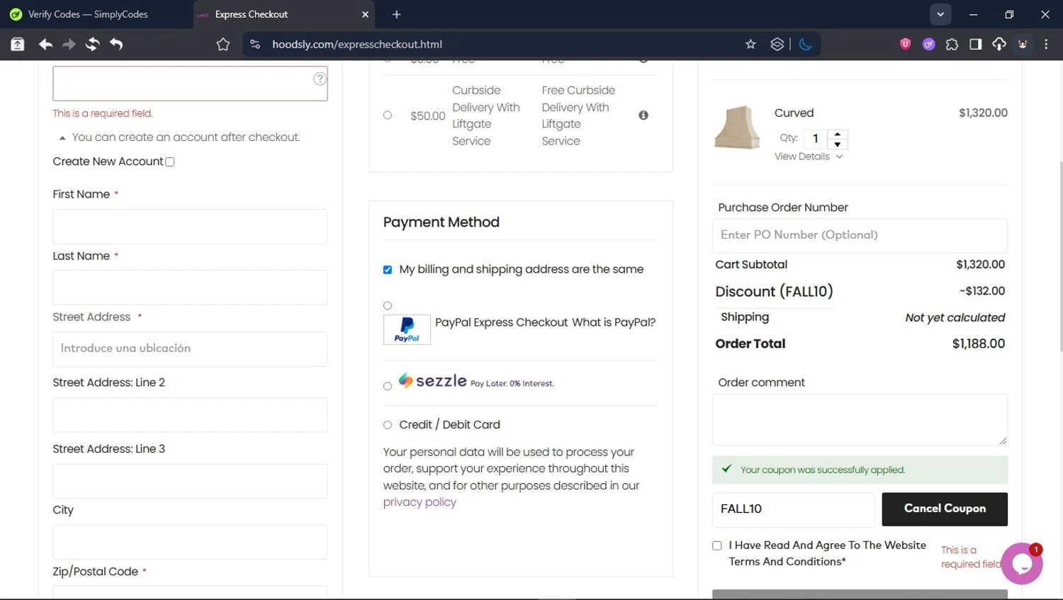 Hoodsly checkout page showing Hoodsly discount code box | Screenshot taken by SimplyCodes community member on Jun 26, 2025