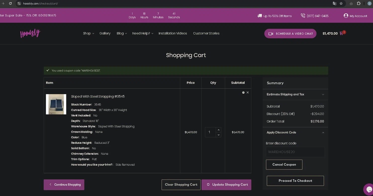 Hoodsly discount code screenshot showing code WAREHOUSE20 applied at Hoodsly checkout page. Uploaded by SimplyCodes community member VictoriousCurator5776 on Apr 16, 2025