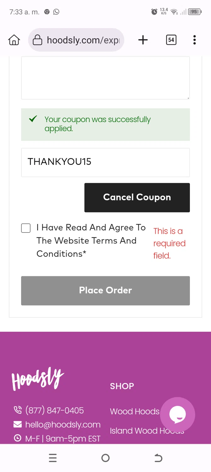 Hoodsly discount code screenshot showing code THANKYOU15 applied at Hoodsly checkout page. Uploaded by SimplyCodes community member Typer19 on Jan 27, 2025