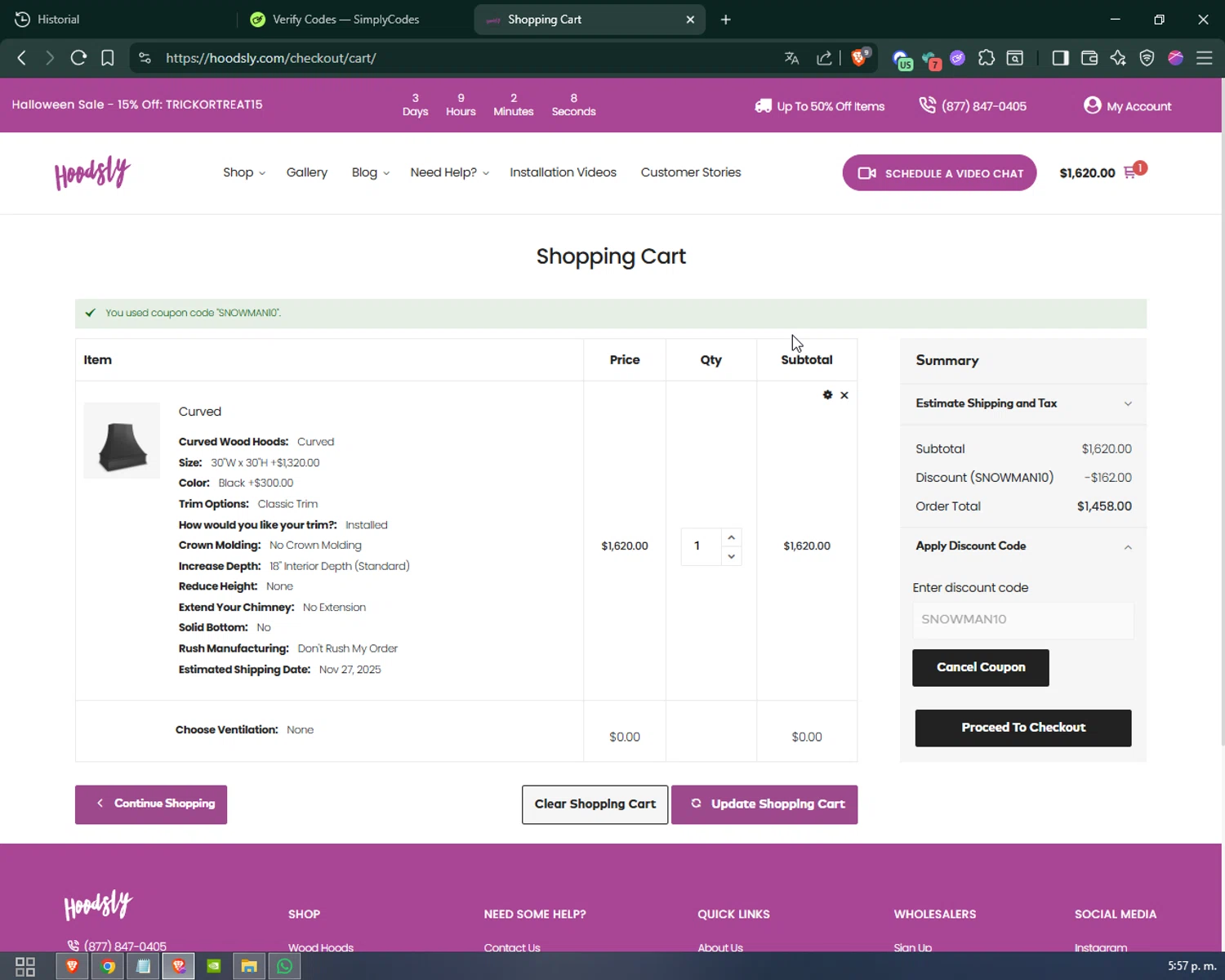 Hoodsly discount code screenshot showing code SNOWMAN10 applied at Hoodsly checkout page. Uploaded by SimplyCodes community member Doomslayer on Oct 24, 2025