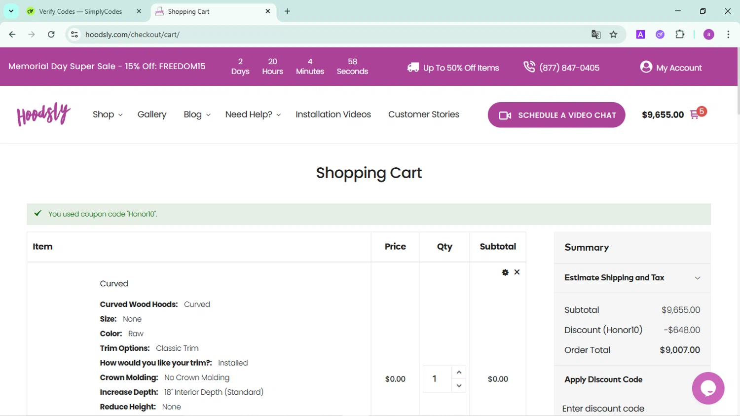 Hoodsly discount code screenshot showing code Honor10 applied at Hoodsly checkout page. Uploaded by SimplyCodes community member FortunatePilot2384 on Jun 1, 2025
