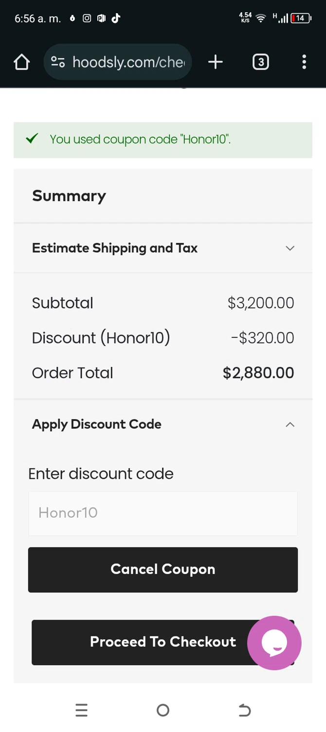 Hoodsly discount code screenshot showing code Honor10 applied at Hoodsly checkout page. Uploaded by SimplyCodes community member TokenAce5969 on Mar 6, 2025