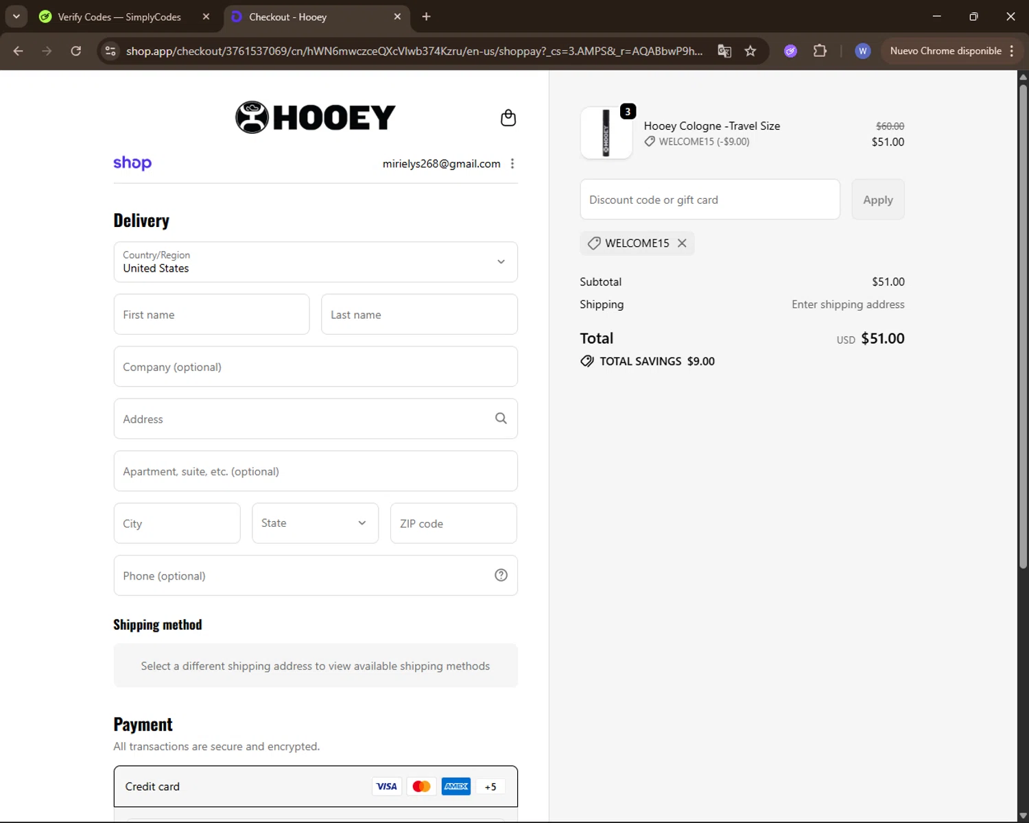 Hooey discount code screenshot showing code WELCOME15 applied at Hooey checkout page. Uploaded by SimplyCodes community member VoucherElite7352 on Dec 24, 2025