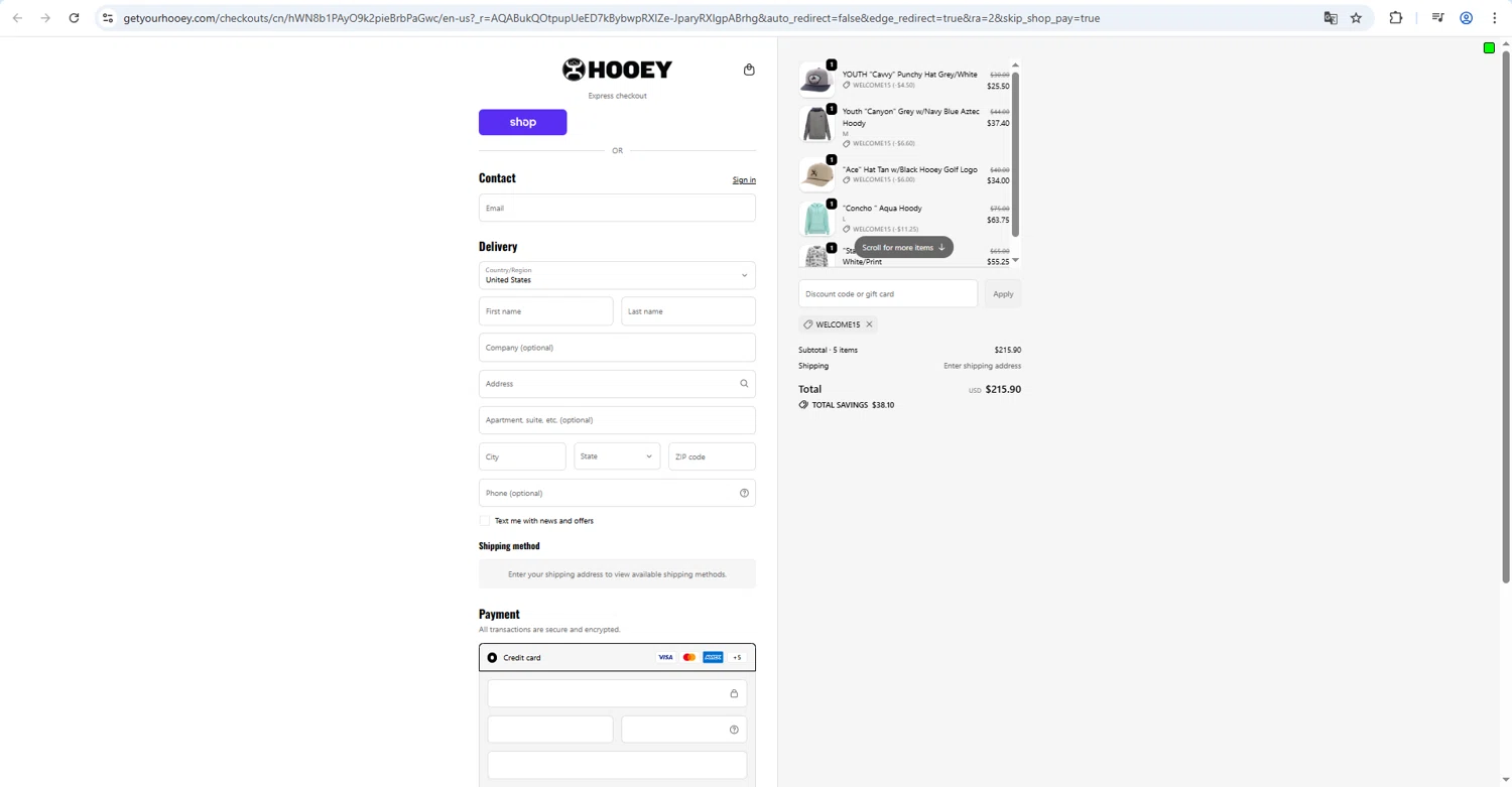 Hooey discount code screenshot showing code WELCOME15 applied at Hooey checkout page. Uploaded by SimplyCodes community member zzzzzzza on Feb 9, 2026