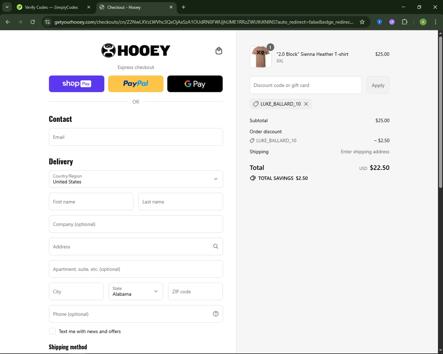 Hooey discount code screenshot showing code LUKE_BALLARD_10 applied at Hooey checkout page. Uploaded by SimplyCodes community member MagnificentSaver708 on Jul 14, 2025