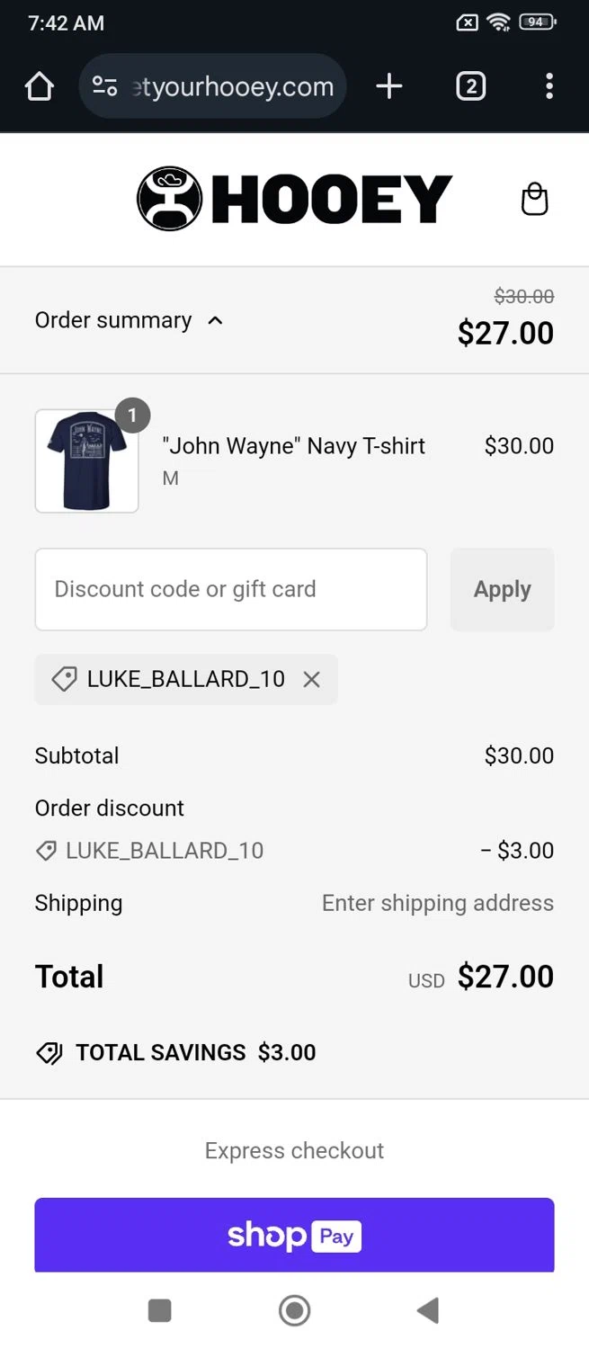 Hooey discount code screenshot showing code LUKE_BALLARD_10 applied at Hooey checkout page. Uploaded by SimplyCodes community member RebateCaptain6440 on Dec 27, 2024
