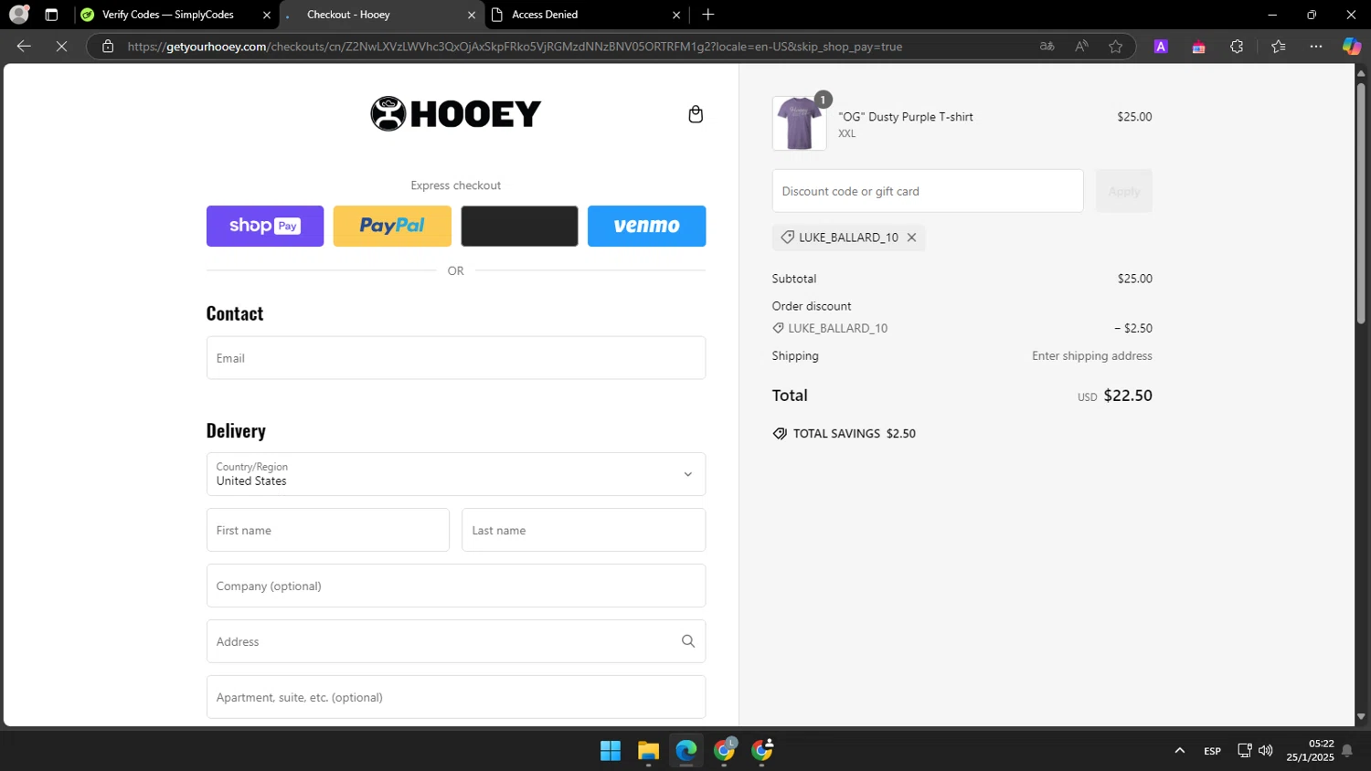 Hooey discount code screenshot showing code LUKE_BALLARD_10 applied at Hooey checkout page. Uploaded by SimplyCodes community member tonikros on Jan 25, 2025