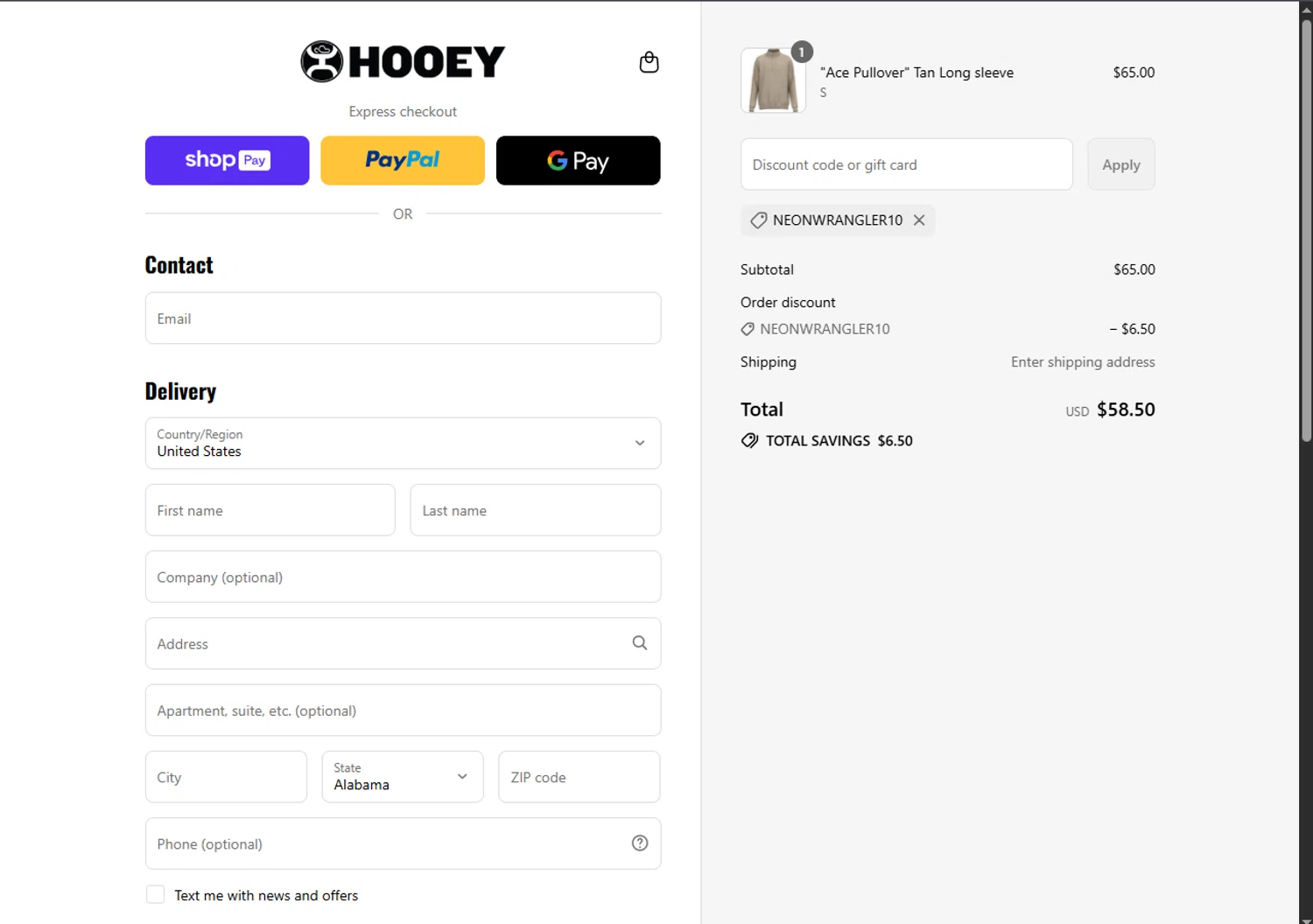 Hooey discount code screenshot showing code Neonwrangler10 applied at Hooey checkout page. Uploaded by SimplyCodes community member Carlosramirez09 on Aug 17, 2025