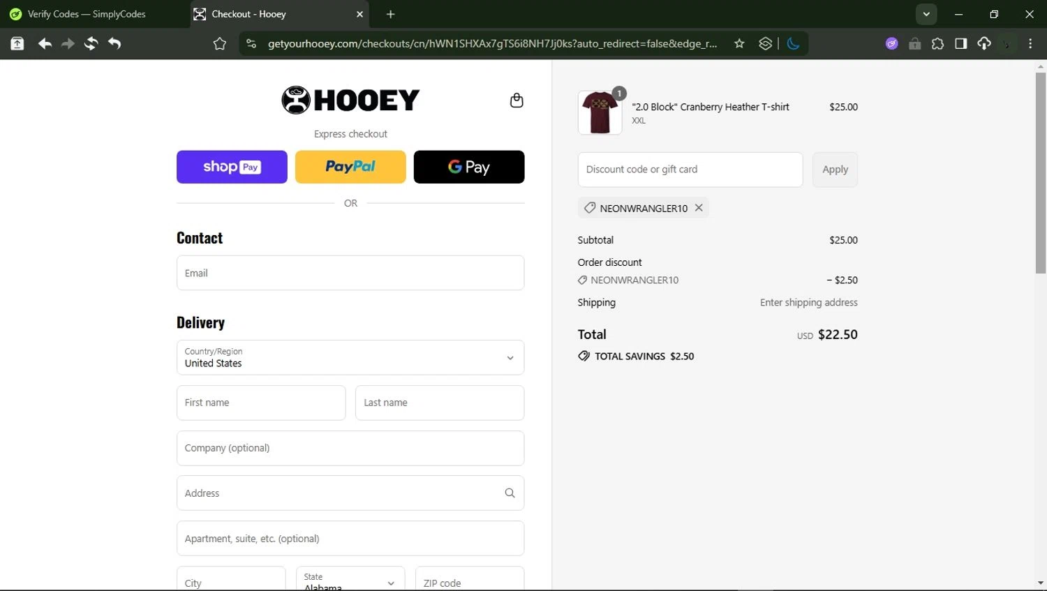 Hooey discount code screenshot showing code Neonwrangler10 applied at Hooey checkout page. Uploaded by SimplyCodes community member RewardMonarch1185 on Aug 5, 2025