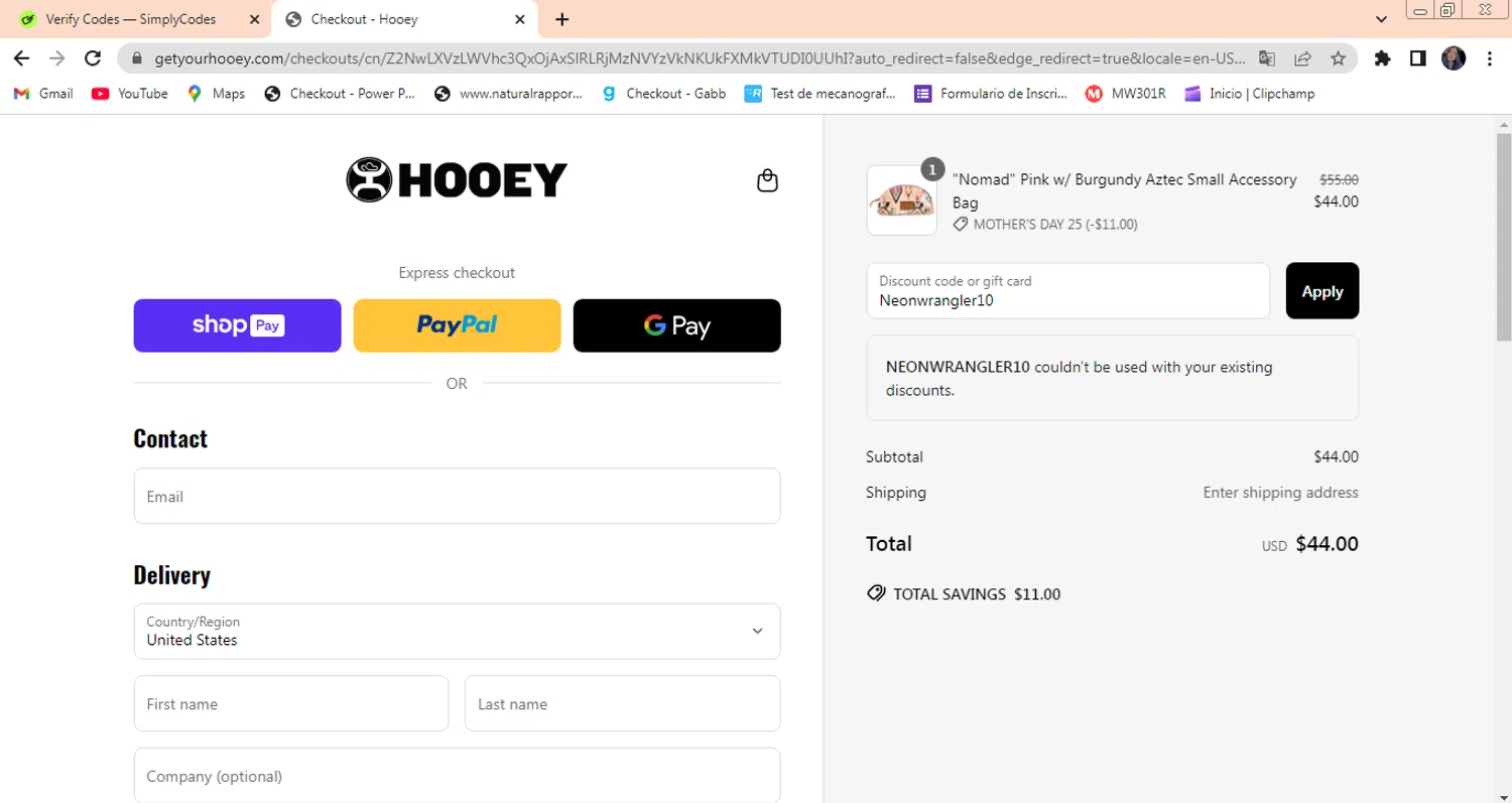 Hooey discount code screenshot showing code Neonwrangler10 applied at Hooey checkout page. Uploaded by SimplyCodes community member PrimeAdmiral8733 on May 6, 2025