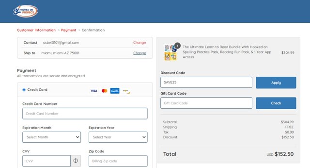Hooked On Phonics checkout page showing Hooked On Phonics discount code box | Screenshot taken by SimplyCodes community member on Jul 31, 2022