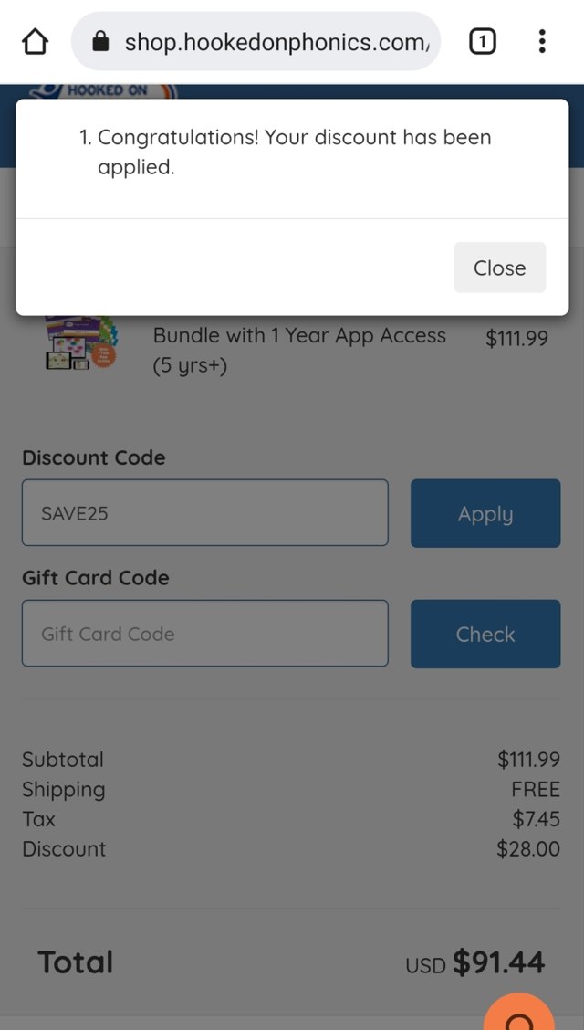Hooked On Phonics checkout page showing Hooked On Phonics discount code box | Screenshot taken by SimplyCodes community member on Dec 8, 2021