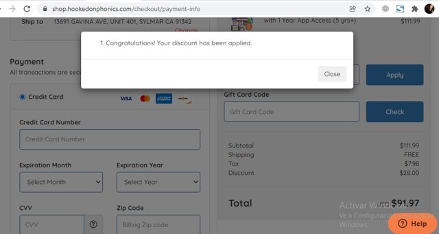 Hooked On Phonics checkout page showing Hooked On Phonics discount code box | Screenshot taken by SimplyCodes community member on Jan 11, 2022