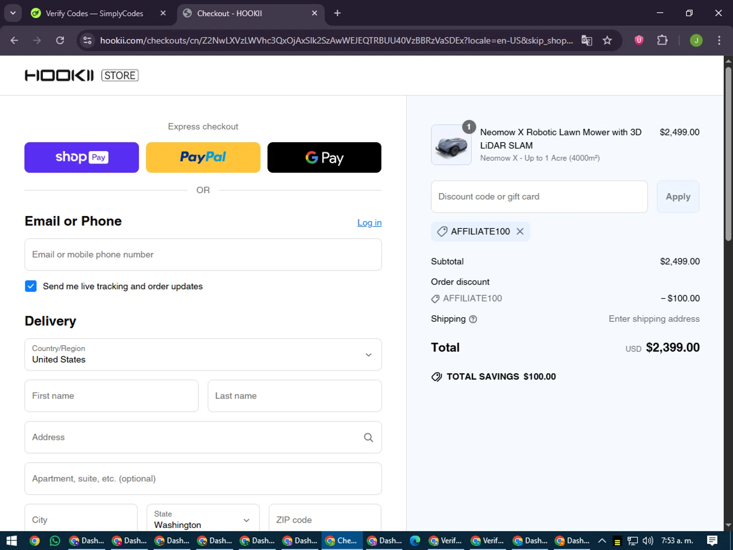 HOOKII coupon code screenshot showing code AFFILIATE100 applied at HOOKII checkout page. Uploaded by SimplyCodes community member LilBaby on Jun 20, 2025