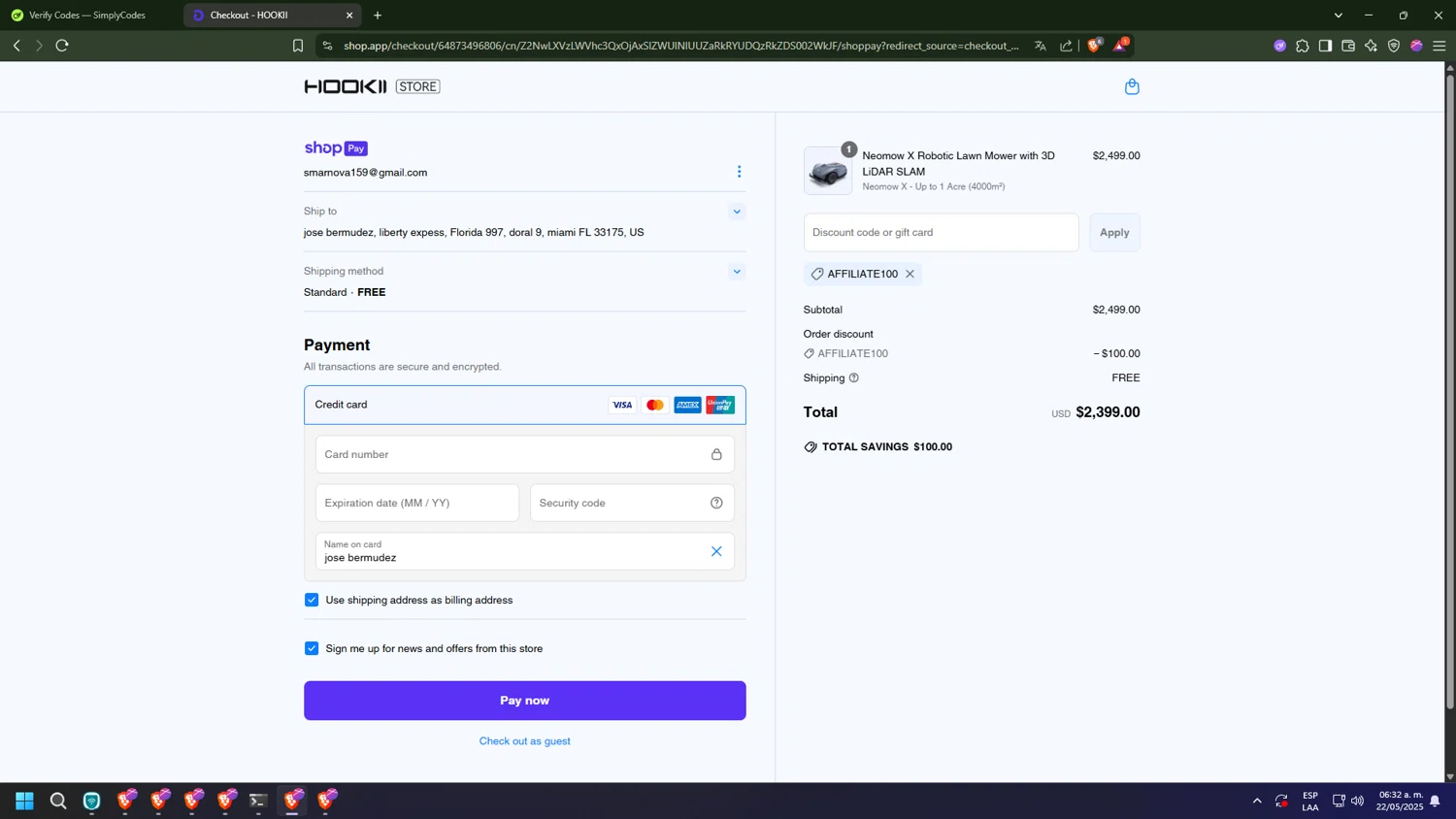 HOOKII coupon code screenshot showing code AFFILIATE100 applied at HOOKII checkout page. Uploaded by SimplyCodes community member buda2030 on May 22, 2025