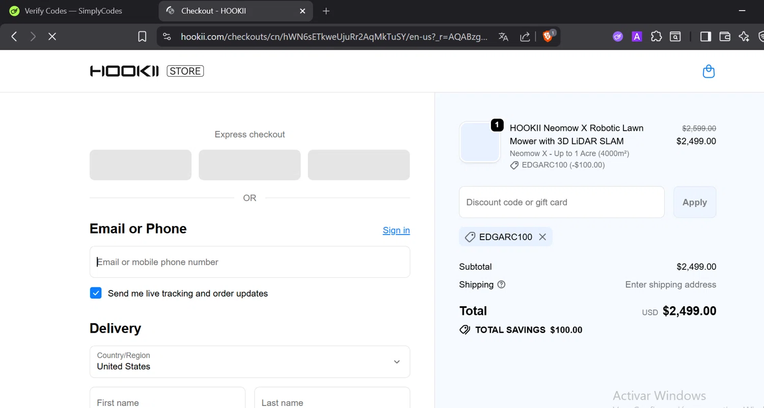 HOOKII coupon code screenshot showing code EDGARC100 applied at HOOKII checkout page. Uploaded by SimplyCodes community member DiaCritics on Dec 26, 2025