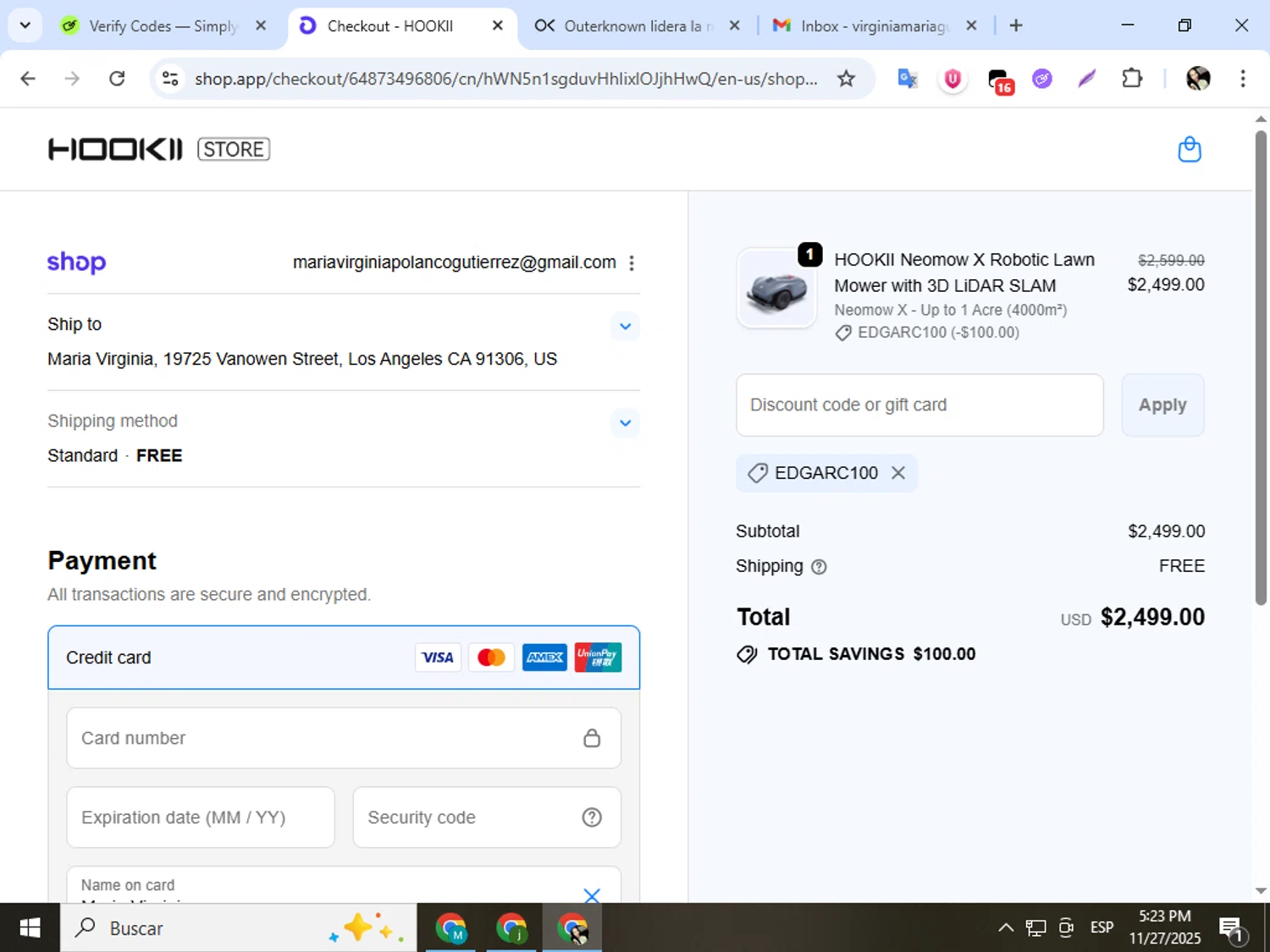 HOOKII coupon code screenshot showing code EDGARC100 applied at HOOKII checkout page. Uploaded by SimplyCodes community member mariapolancog on Nov 27, 2025
