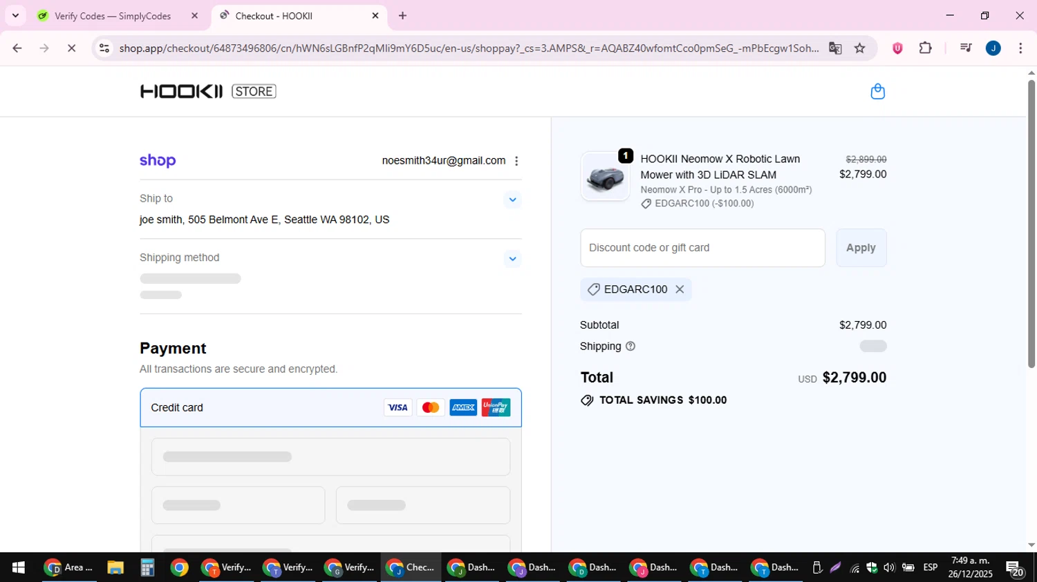 HOOKII coupon code screenshot showing code EDGARC100 applied at HOOKII checkout page. Uploaded by SimplyCodes community member noesmith34ur on Dec 26, 2025