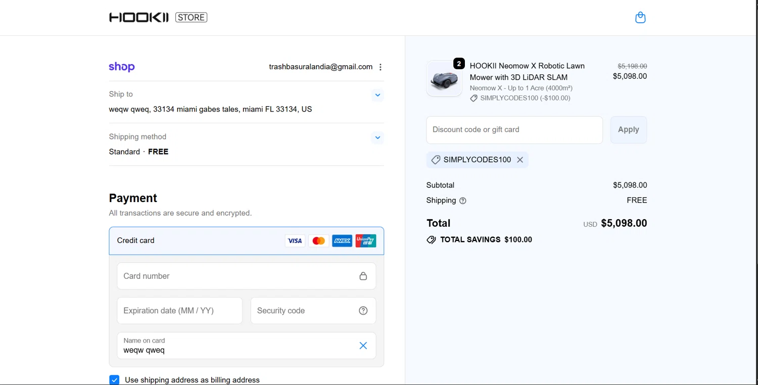HOOKII coupon code screenshot showing code SIMPLYCODES100 applied at HOOKII checkout page. Uploaded by SimplyCodes community member ArthurMorgan on Dec 14, 2025