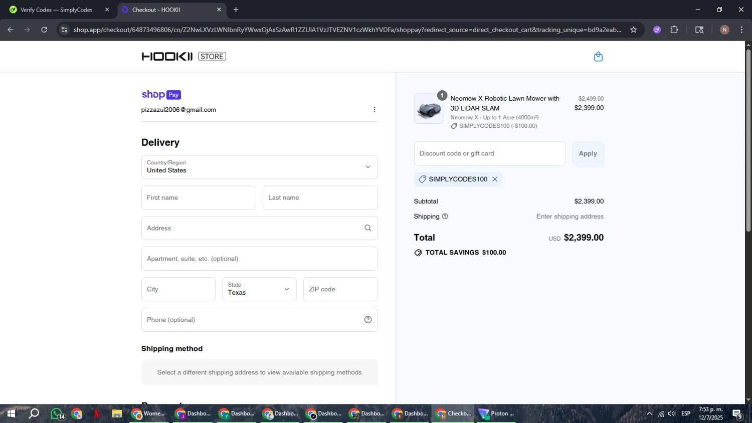 HOOKII coupon code screenshot showing code SIMPLYCODES100 applied at HOOKII checkout page. Uploaded by SimplyCodes community member DiscountPioneer2554 on Jul 12, 2025