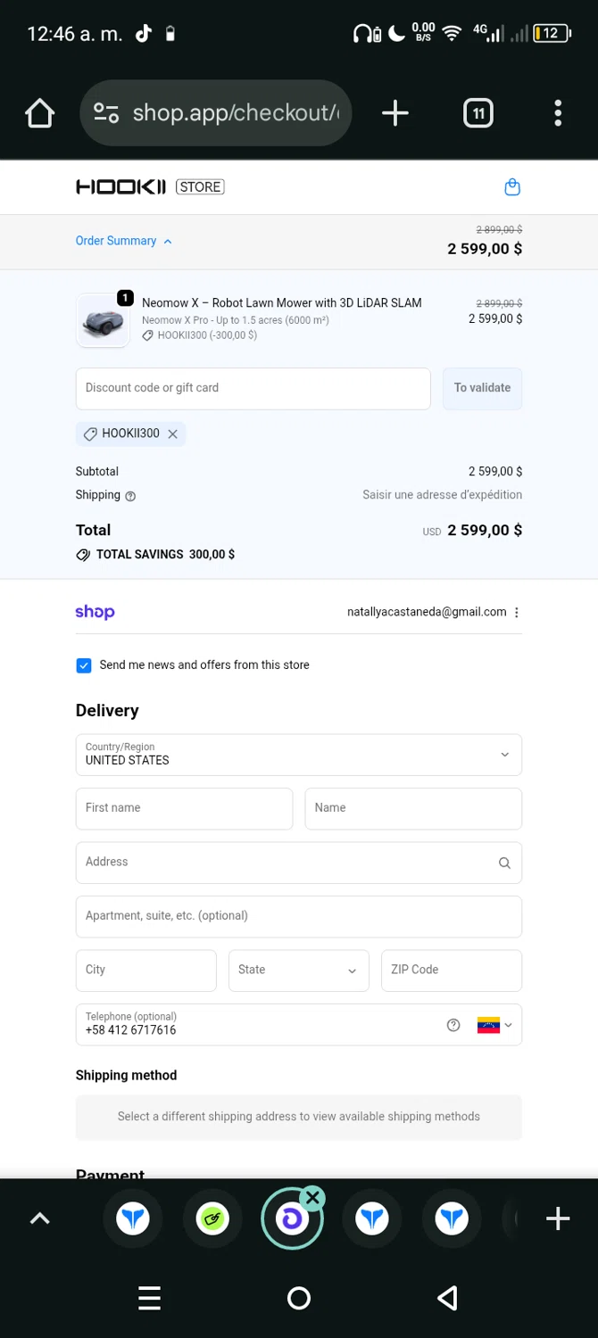 HOOKII coupon code screenshot showing code HOOKII300 applied at HOOKII checkout page. Uploaded by SimplyCodes community member Eltoro20 on Oct 28, 2025