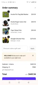 WELCOME15 coupon verification screenshot